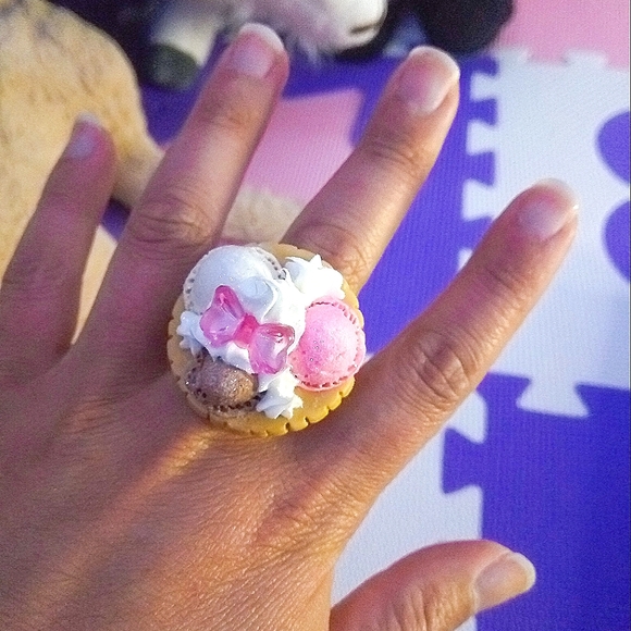 Kawaii Cute Polymer Clay Ice Cream Sundae Cookie Ring Hand Crafted Adjustable - Picture 2 of 2